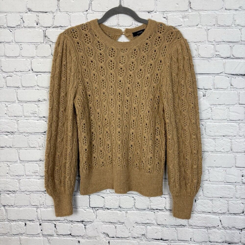 J Crew Balloon Sleeve Cable Knit Sweater Alpaca Wool Blend Pale Clay Tan Women M